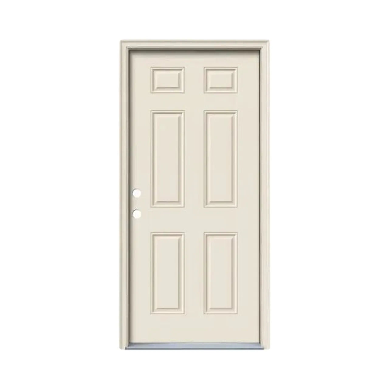 The Go Build 32 in. x 80 in. 6-Panel Primed Right-Hand Inswing Steel Prehung Front Door with brickmould is shown upright; features a beige finish, reinforced lock area, and two holes for handle and lock on a white background.